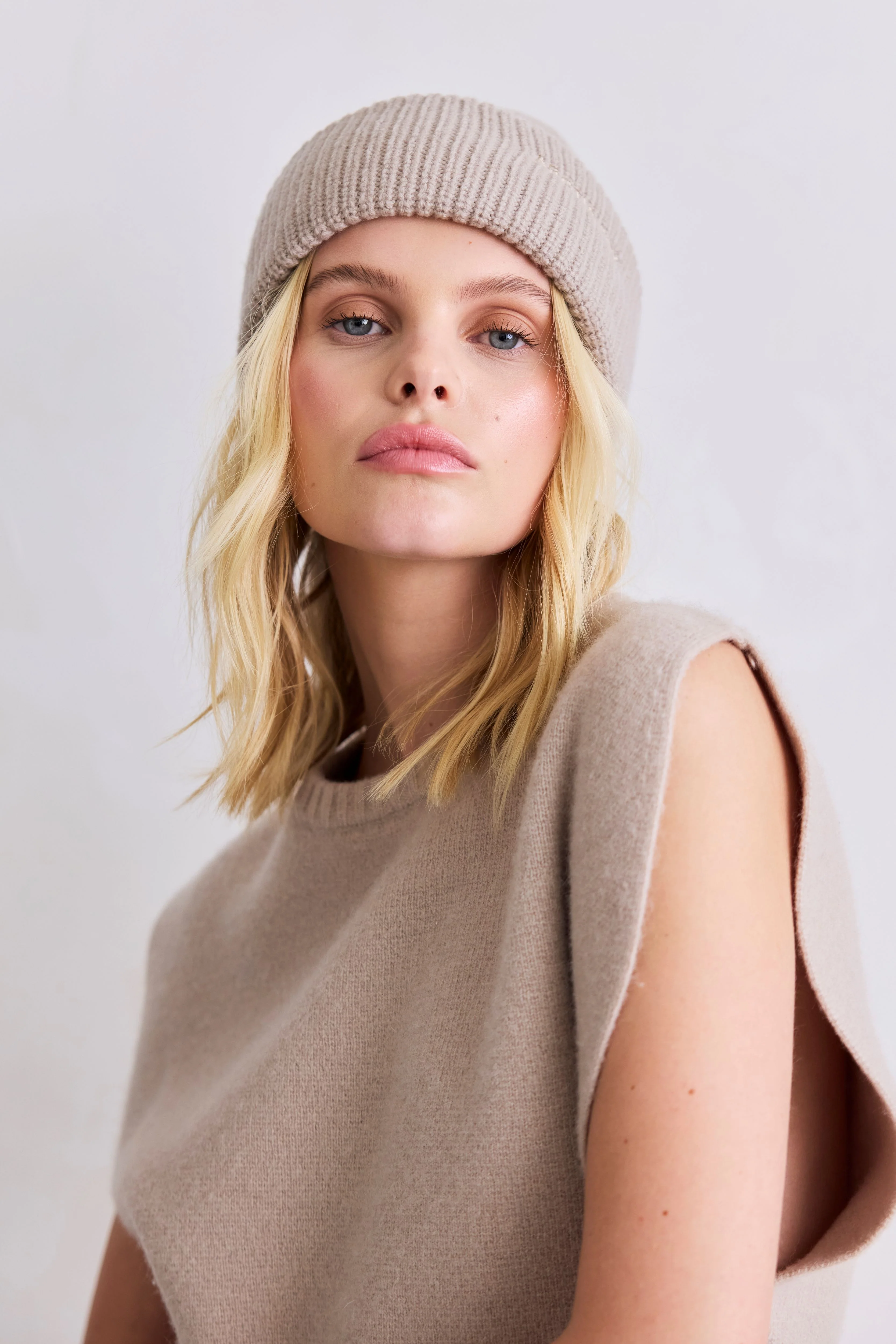 Embroidered Merino Wool Beanie - Soft Taupe - Image 3