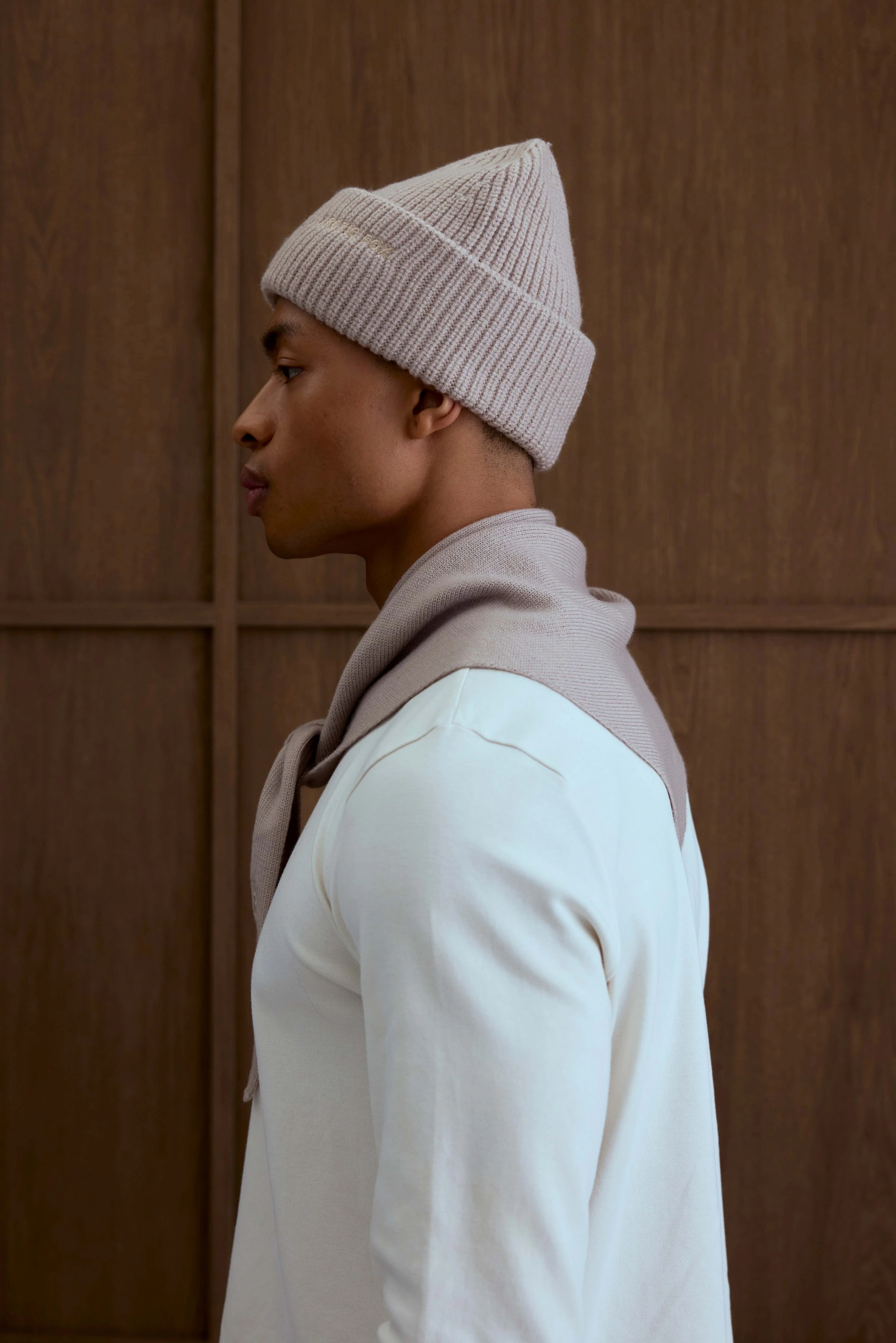 Embroidered Merino Wool Beanie - Soft Taupe - Image 7