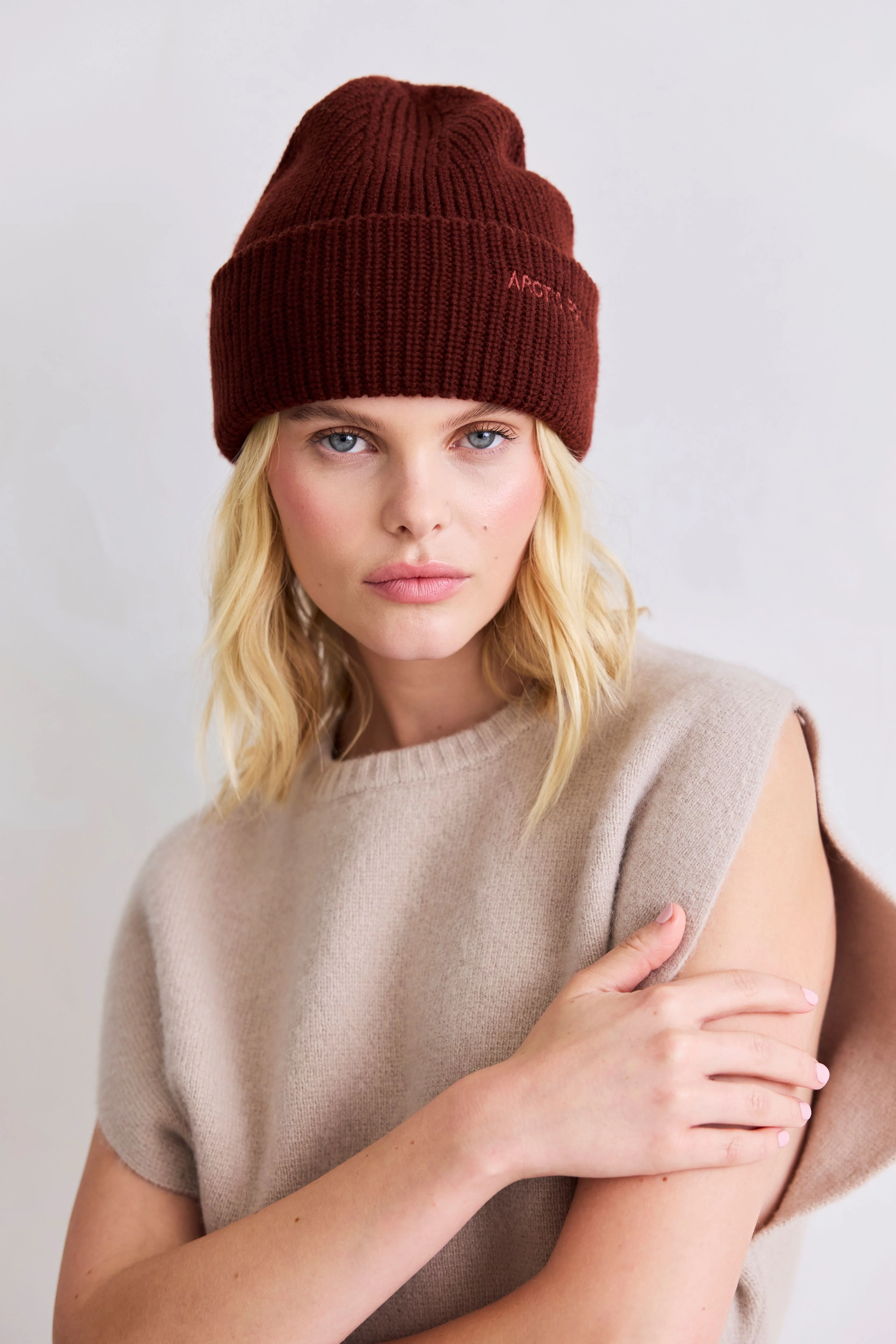 Embroidered Merino Wool Beanie - Dark Walnut Brown - Image 2