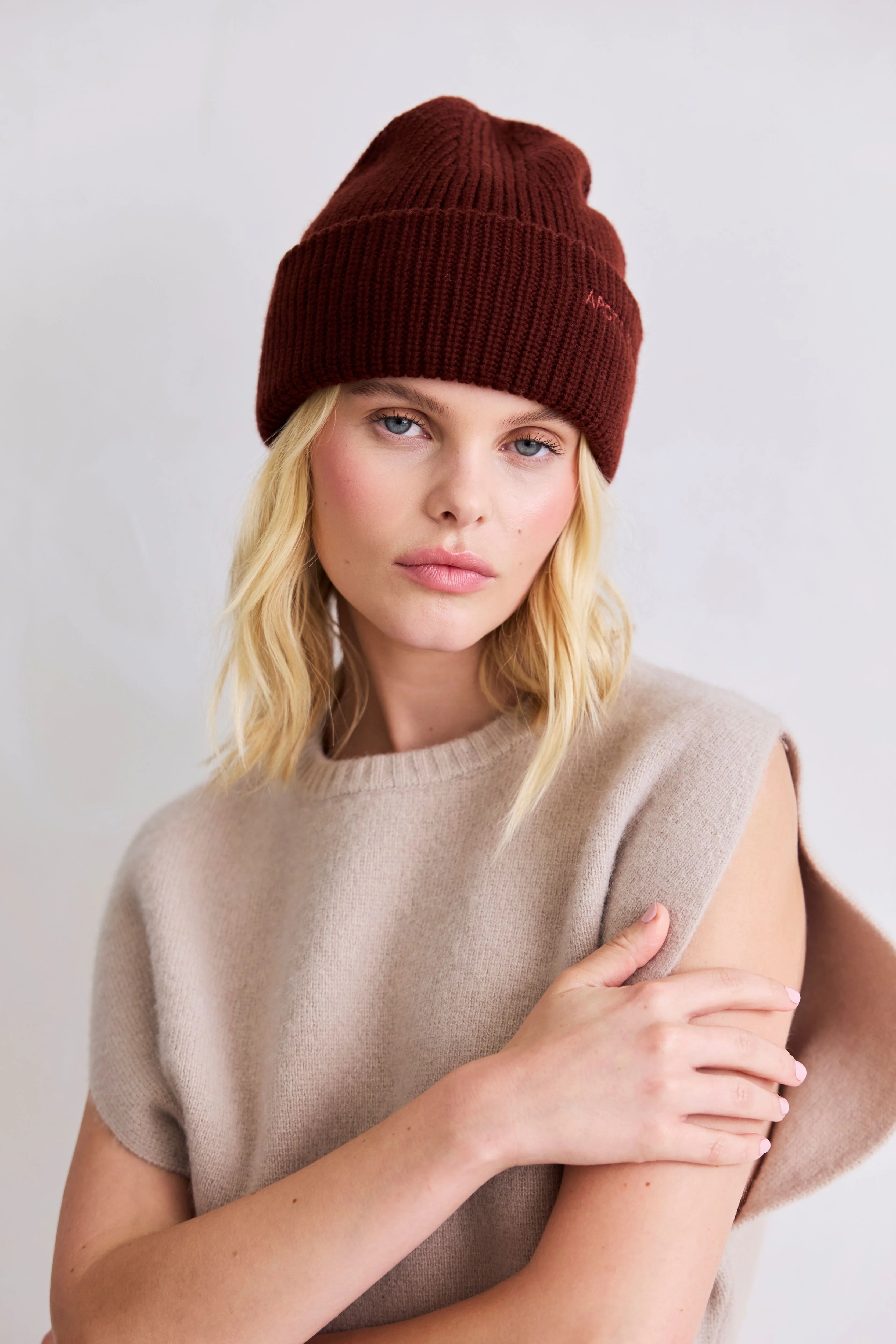 Embroidered Merino Wool Beanie - Dark Walnut Brown - Image 3