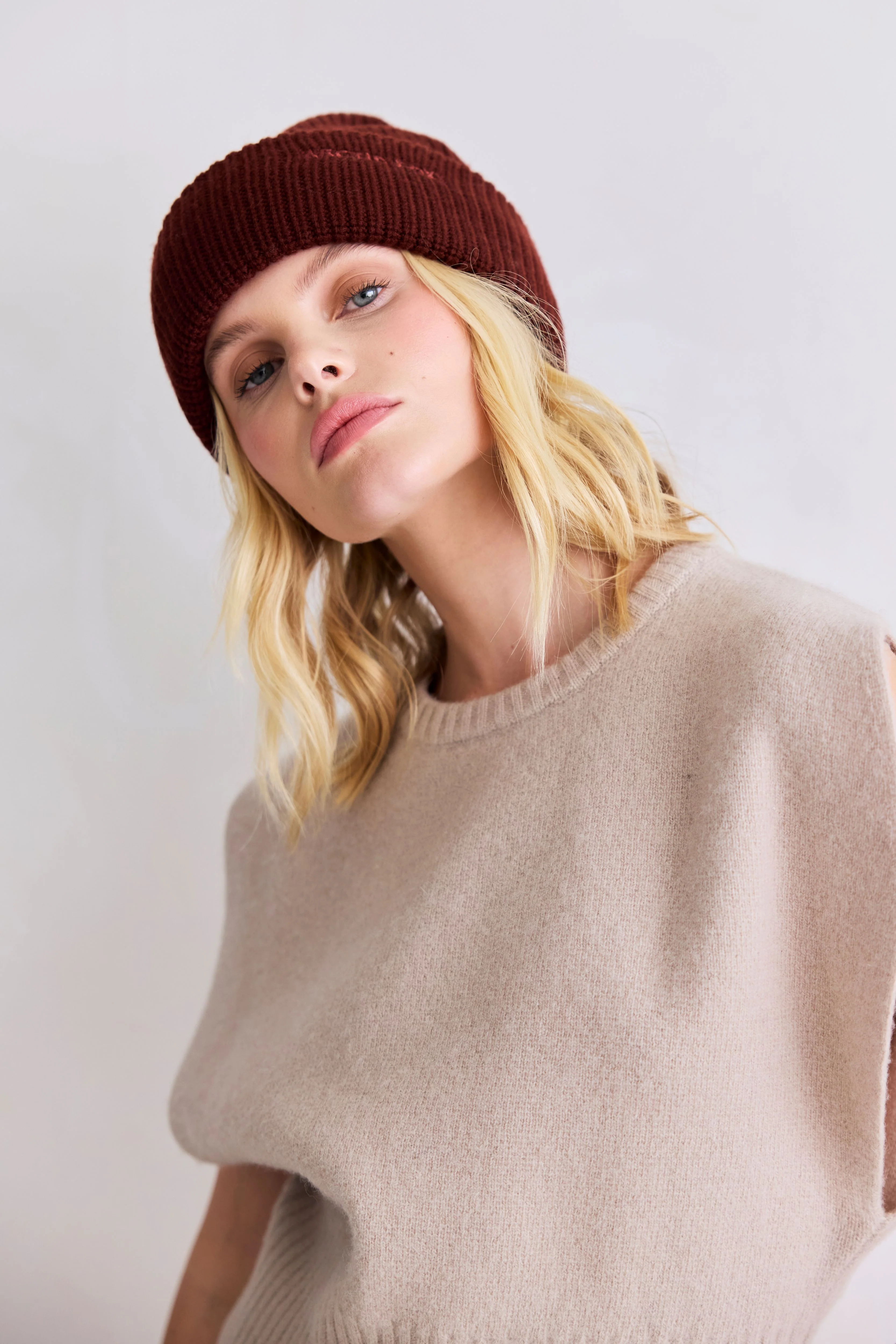 Embroidered Merino Wool Beanie - Dark Walnut Brown - Image 4