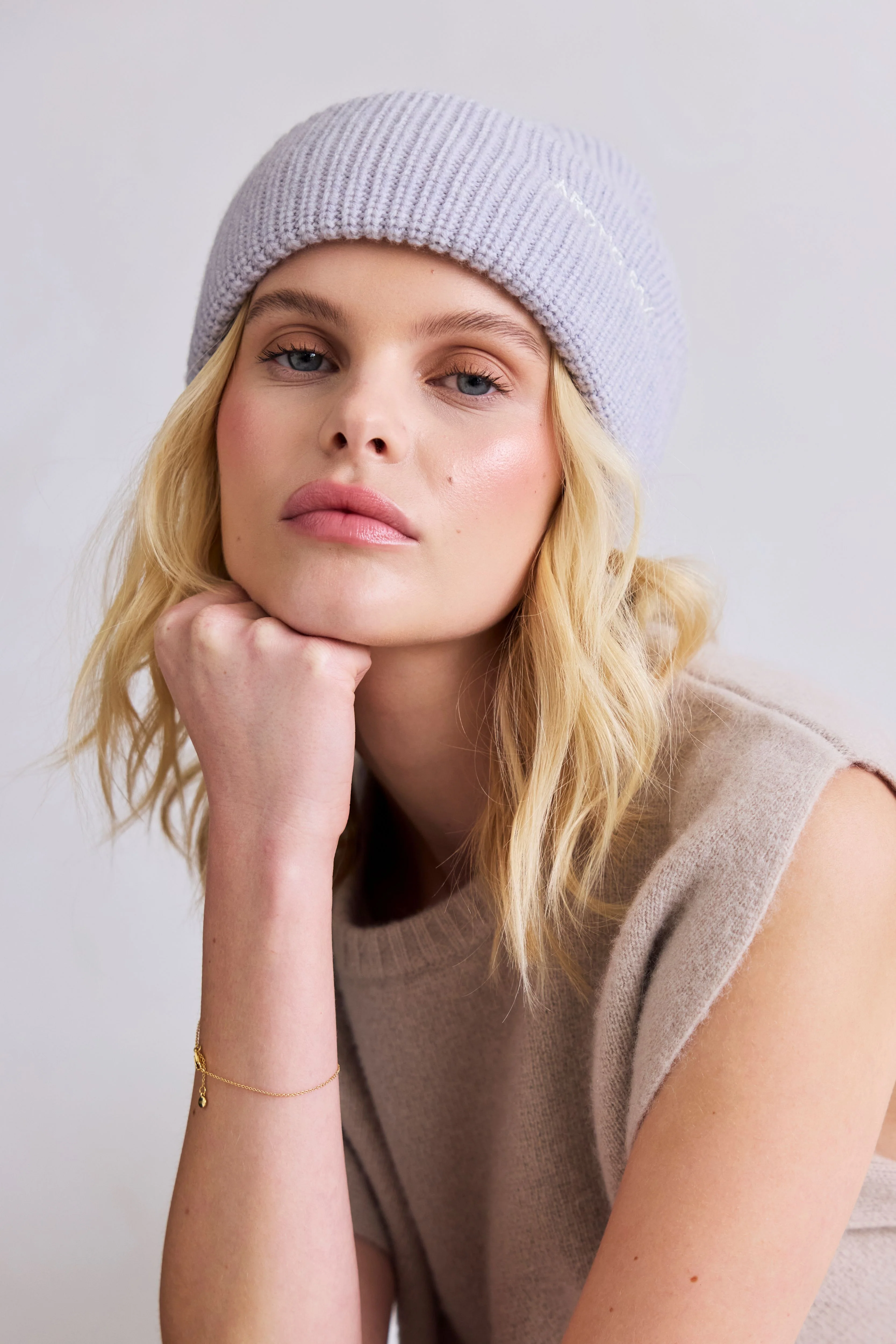 Embroidered Merino Wool Beanie - Grey Melange - Image 5