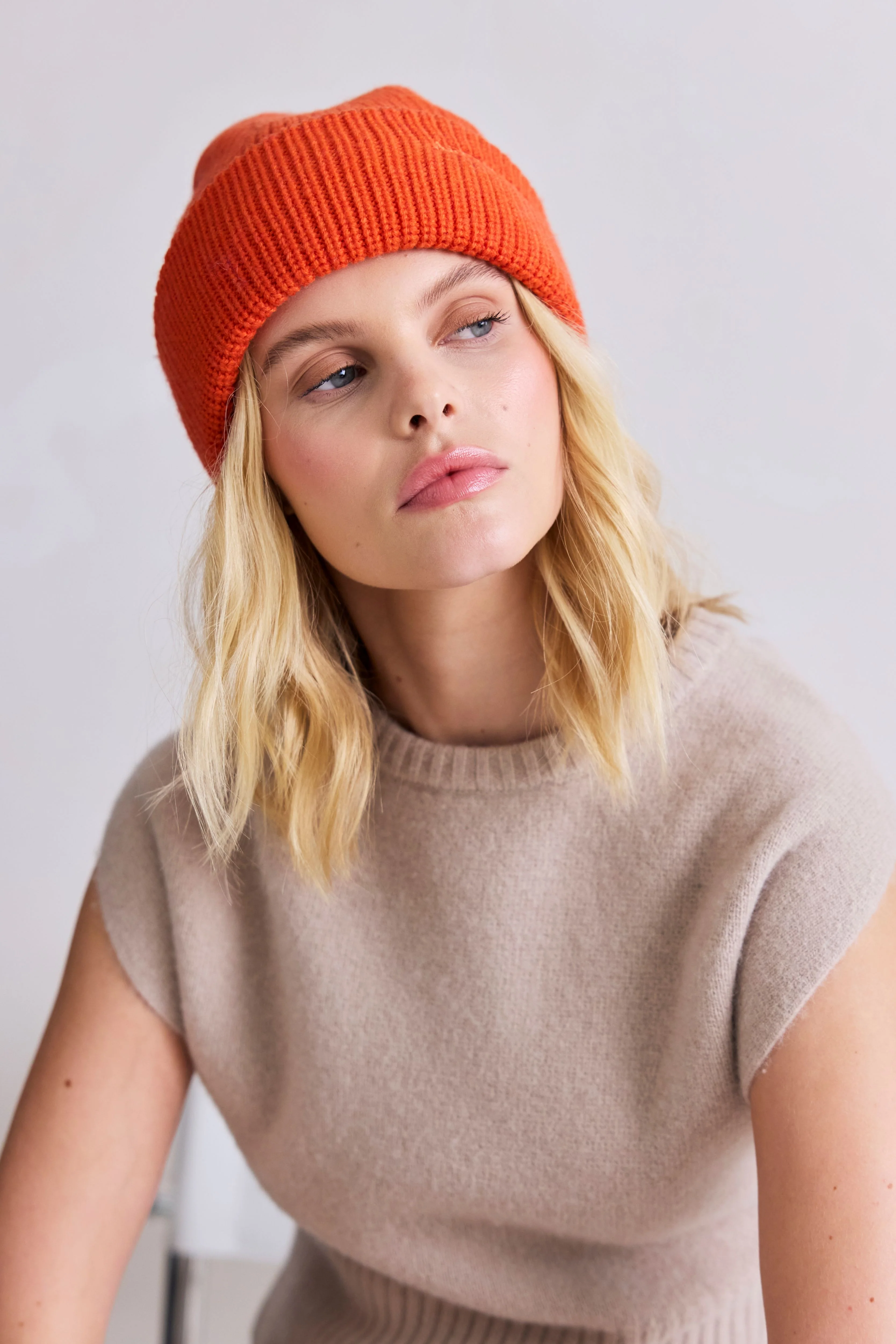 Embroidered Merino Wool Beanie - Sunkissed Coral - Image 2
