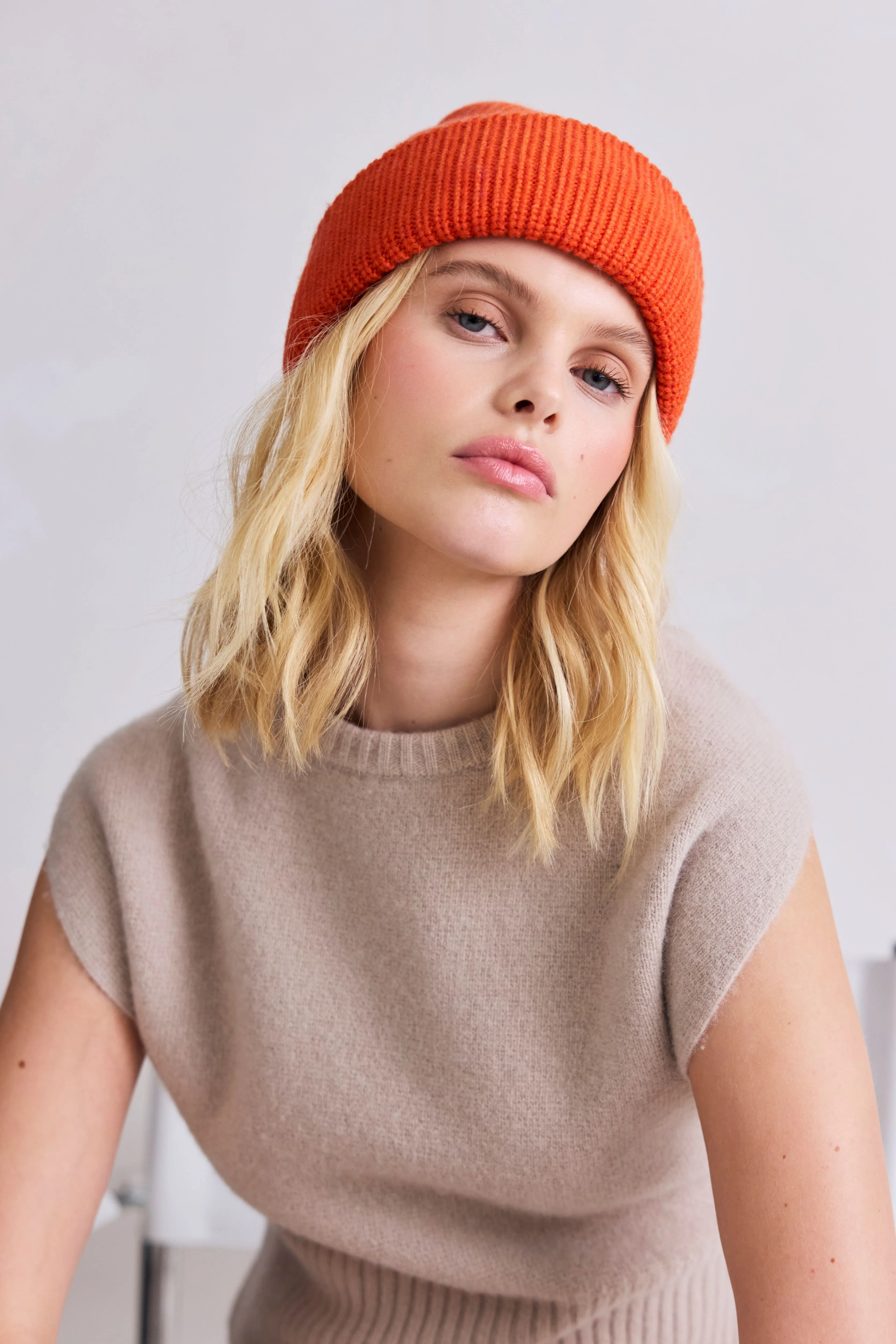 Embroidered Merino Wool Beanie - Sunkissed Coral - Image 3