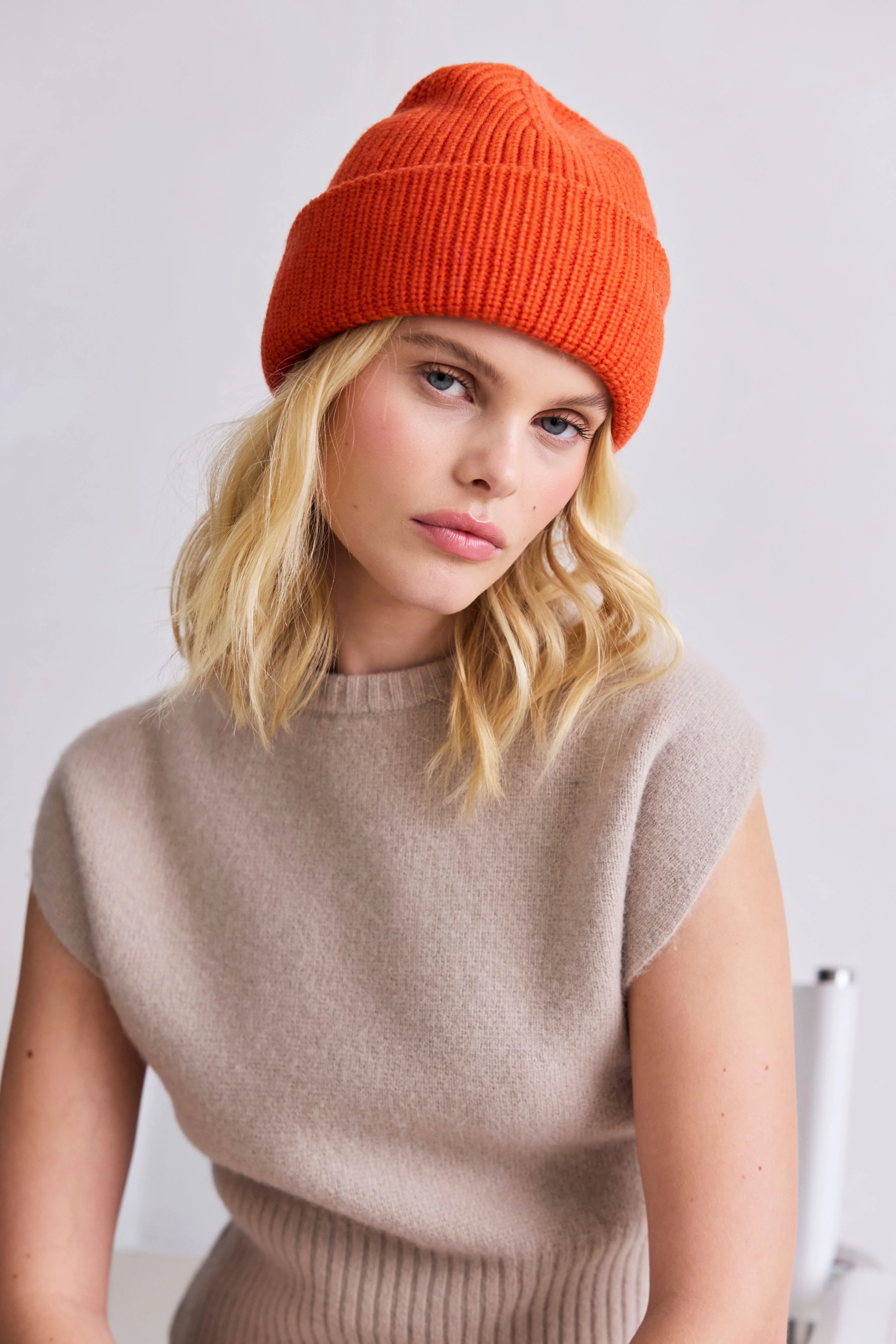 Embroidered Merino Wool Beanie - Sunkissed Coral - Image 4