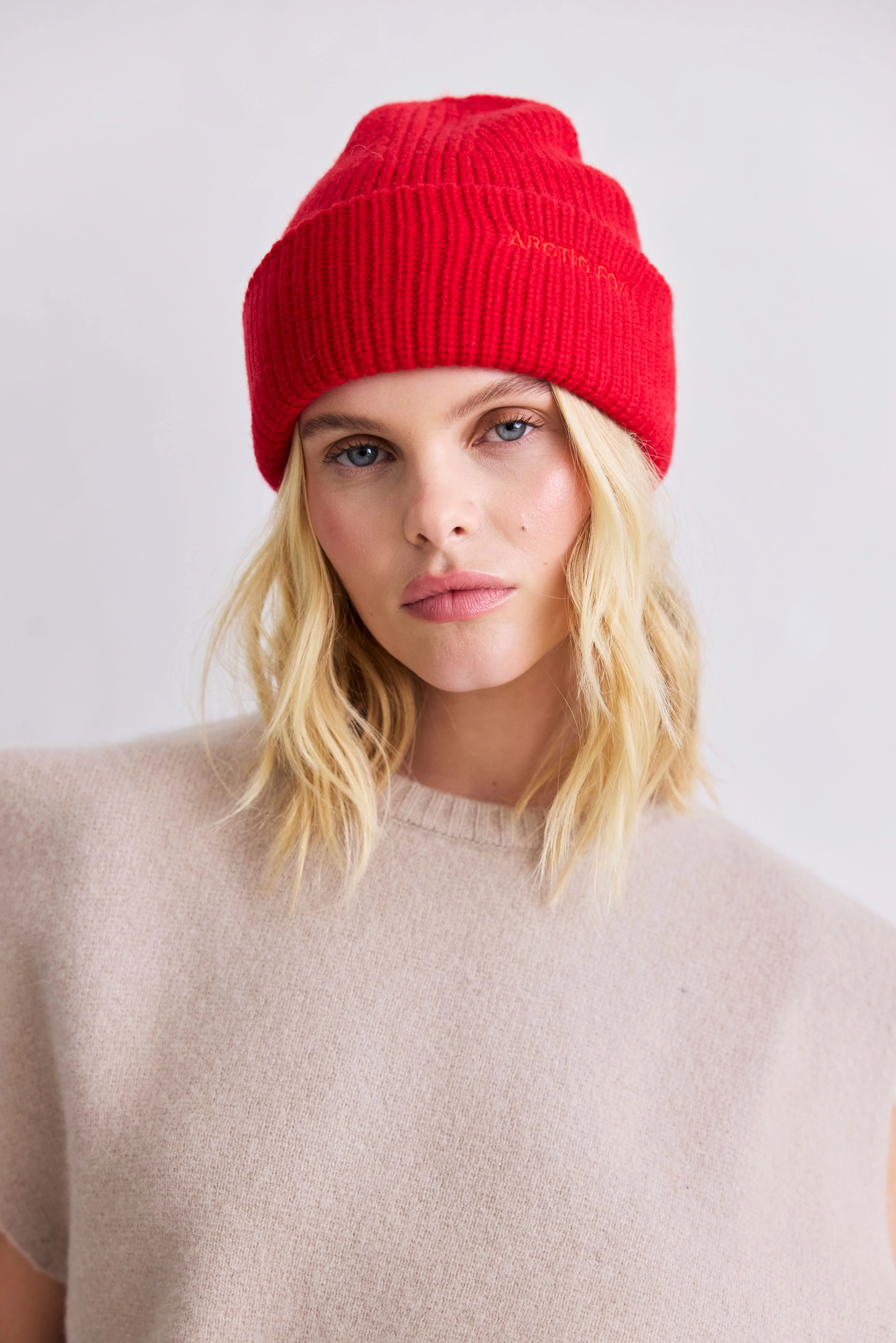 Embroidered Merino Wool Beanie - Flame Red - Image 2