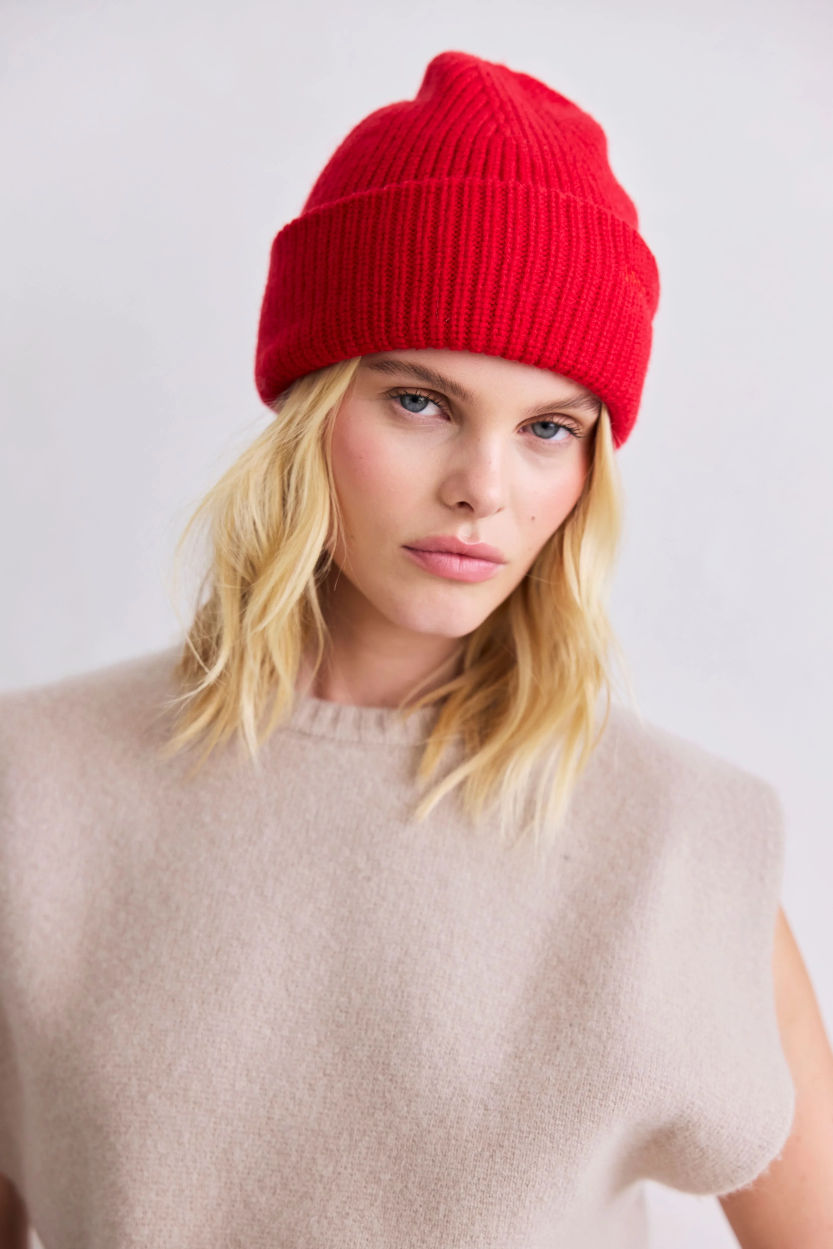 Embroidered Merino Wool Beanie - Flame Red - Image 3