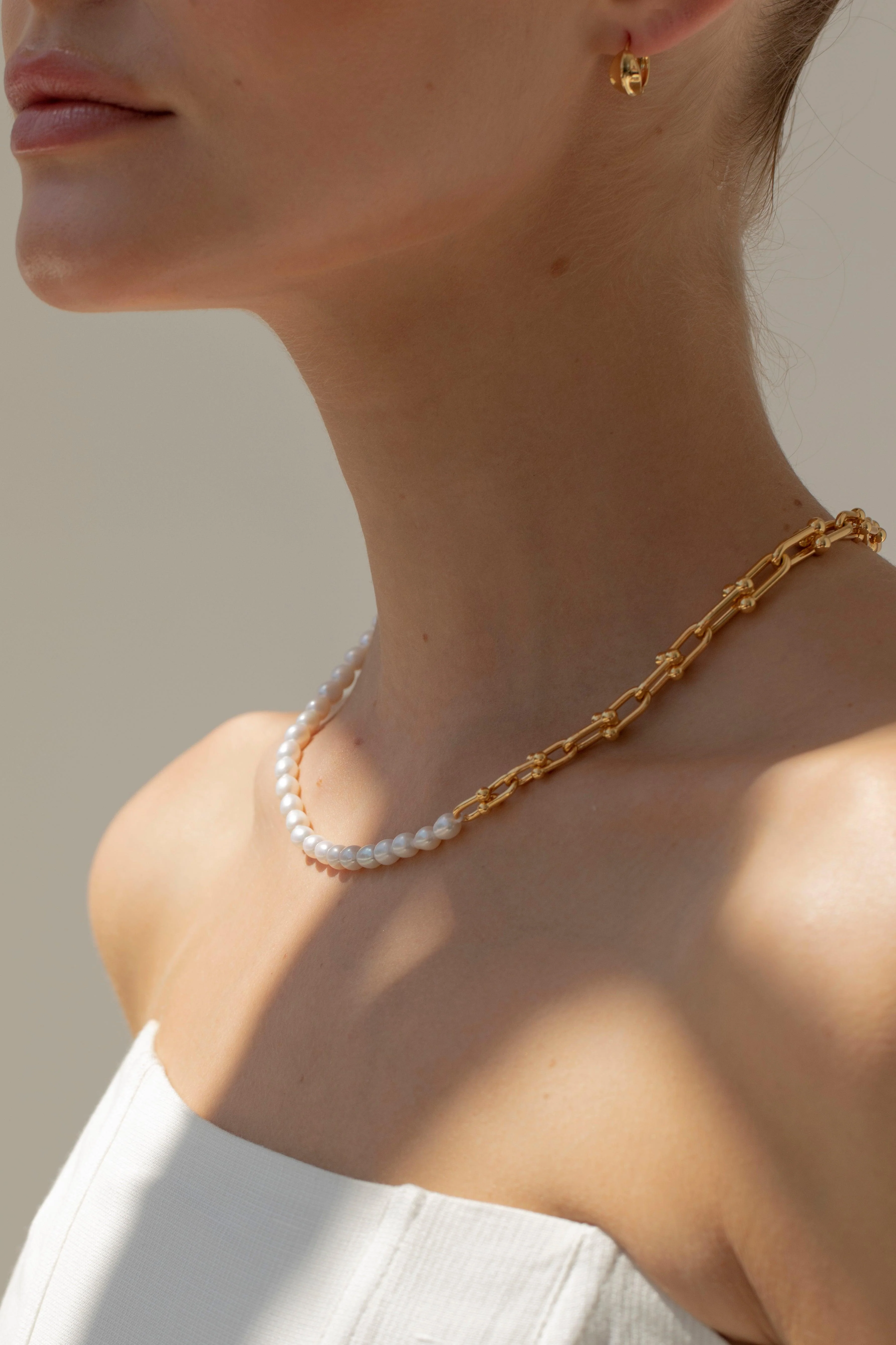 KALLIE - Gold Links Half Pearl Necklace - Image 3