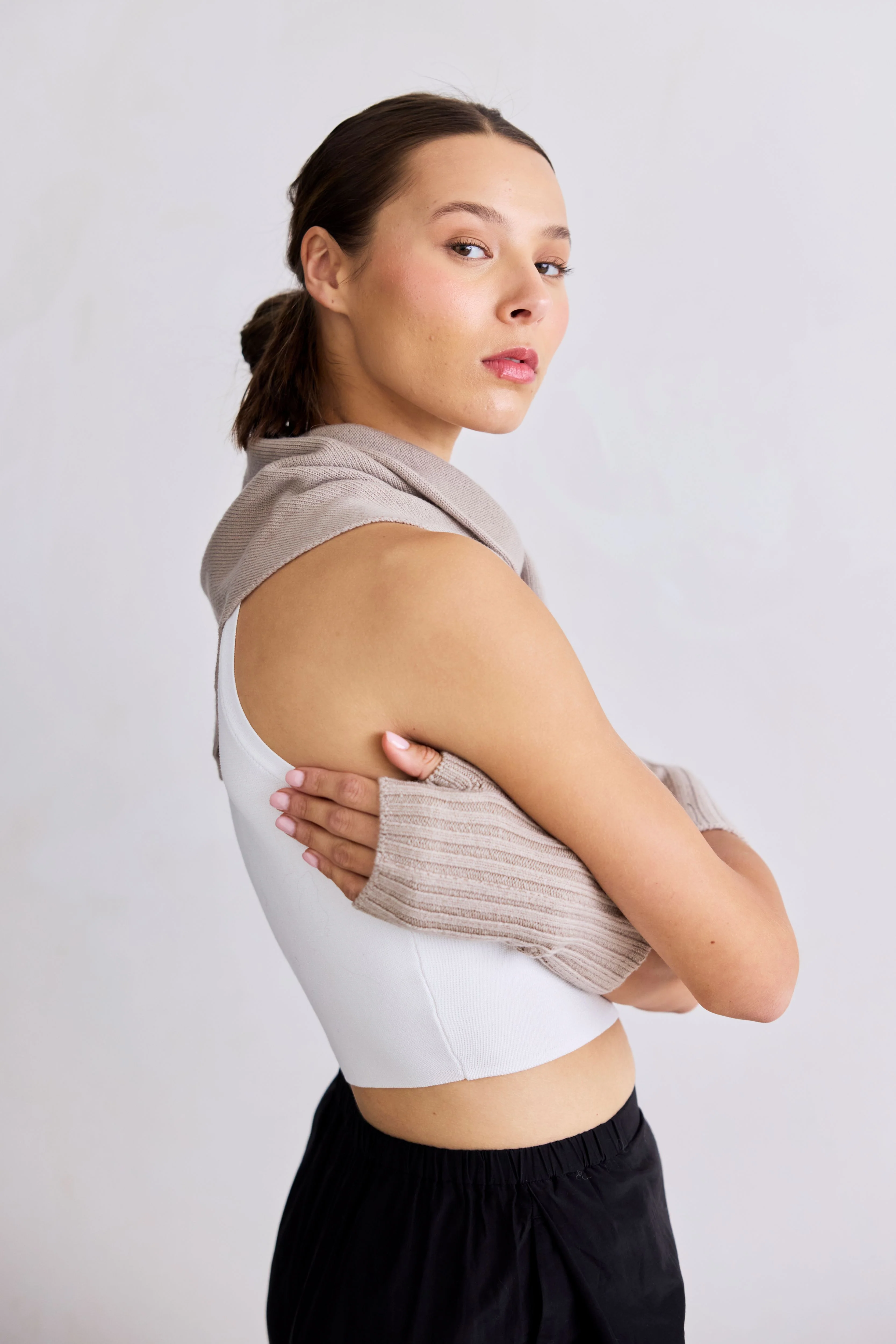 Merino Wool Fingerless Gloves - Soft Taupe - Image 7