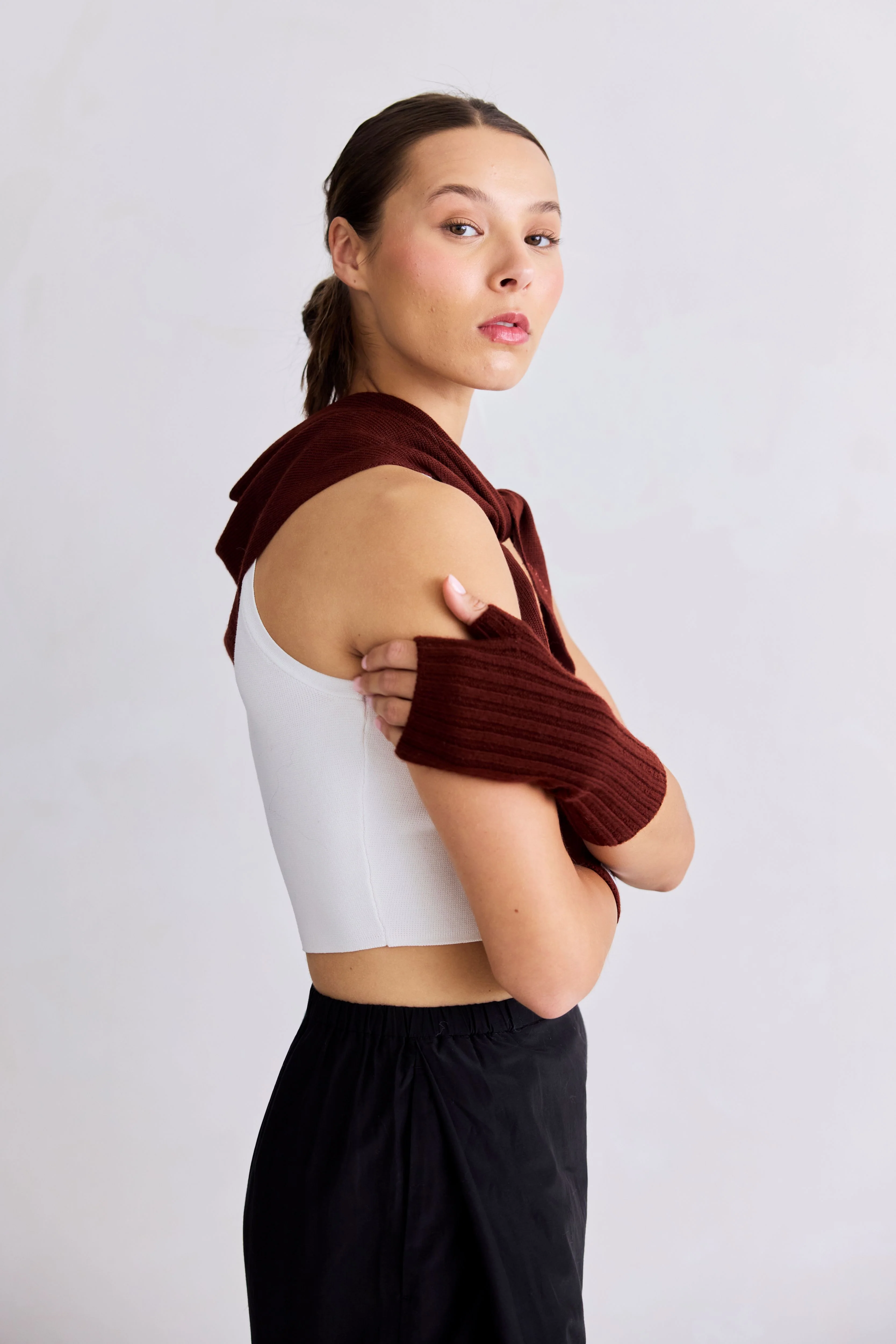 Merino Wool Fingerless Gloves - Dark Walnut Brown - Image 4