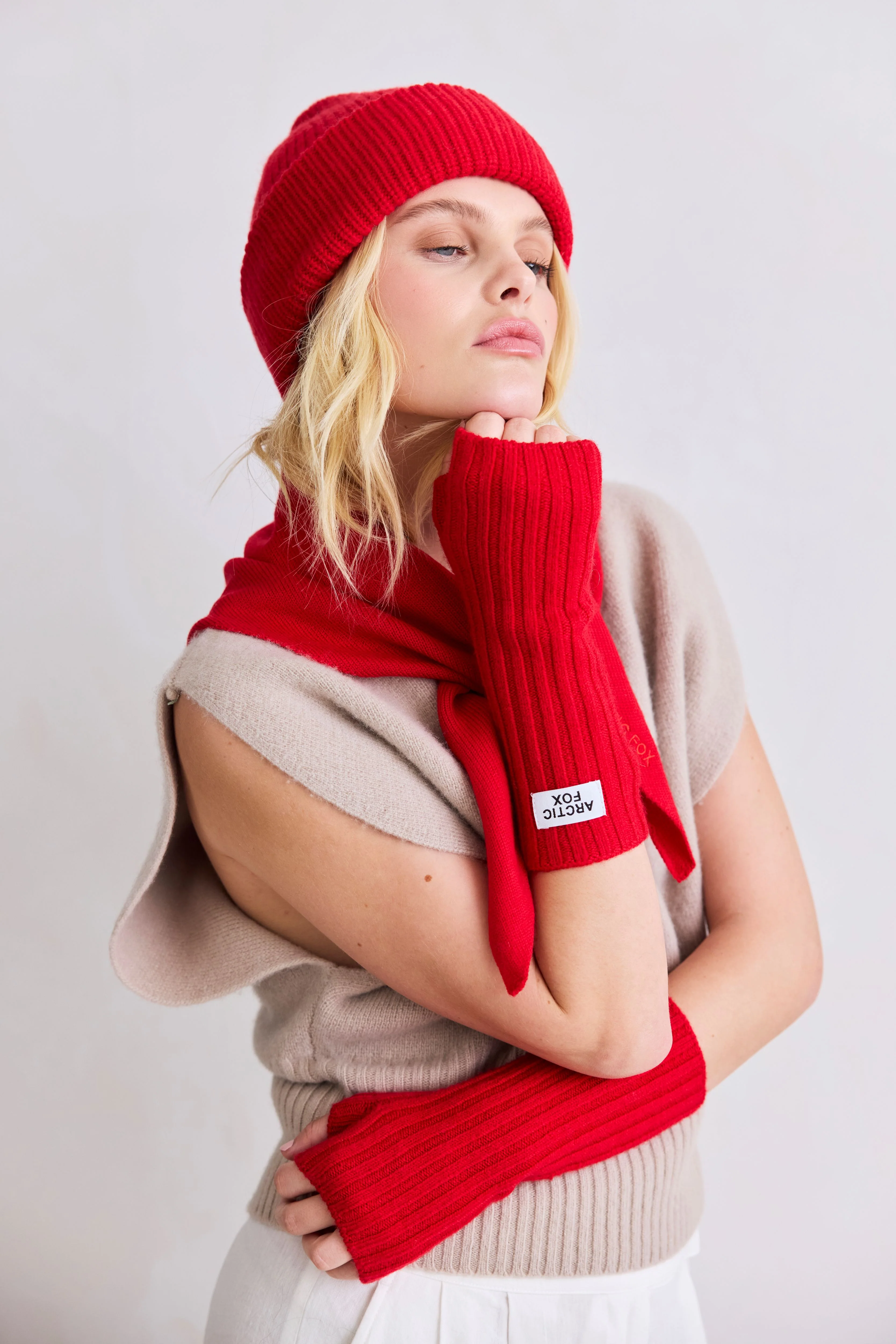 Merino Wool Fingerless Gloves - Flame Red - Image 3